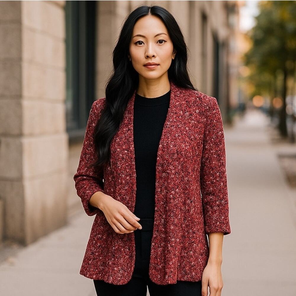MICHAEL TYLER Metallic Stretchy Red & Black Cardigan Sweater Blazer ~ MEDIUM